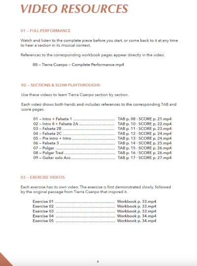 Video resources included in the Tierra Cuerpo Workbook: full performance, slow play-throughs and exercise videos